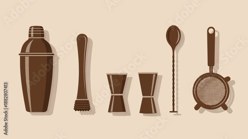 Bar Essentials: Minimalist Illustration Of Bartending Tools For Cocktail Preparation