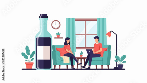 Couple relaxing at home with a bottle of wine and a laptop