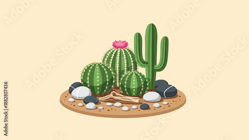 Desert scene with prickly plants, stones, and driftwood on light background
