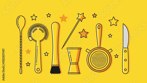 Bartending Essentials: An Illustrative Guide to Cocktail Creation Tools and Starry Accents