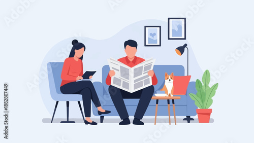 Couple relaxing at home with dog and tablet