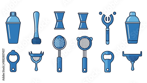 Barware Assortment: Stylized Vector Illustration of Essential Cocktail Tools in Blue
