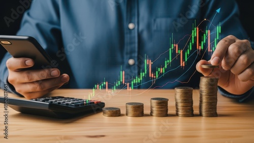 Investor diligently managing financial growth and wealth with a smartphone and stacking coins