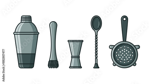 Barware Essentials: Vector Illustration Of Cocktail Tools For Mixology And Beverage Crafting
