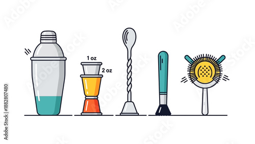 Barware Essentials: Cocktail Making Tools Illustration for Beverage Preparation