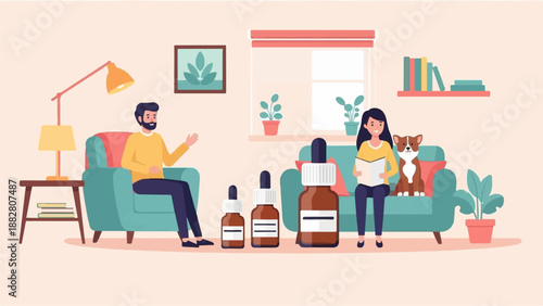 Couple relaxing at home with their dog and essential oil bottles
