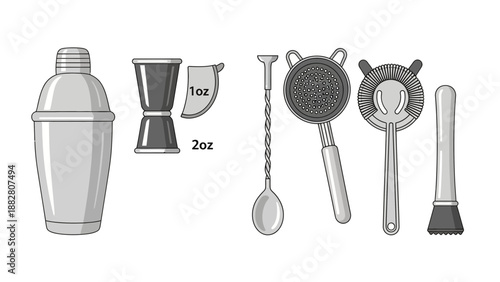 Barware Illustration: Cocktail Shaker, Jigger, Strainers, And Muddler Line Art Graphics