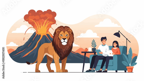 Couple relaxing in a cozy home while a lion and erupting volcano loom outside