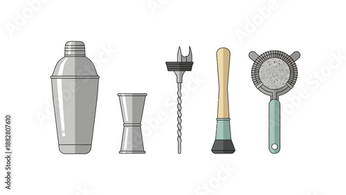 Barware Illustration, Cocktail Tools Set, Minimalist Graphic Design, Isolated Objects