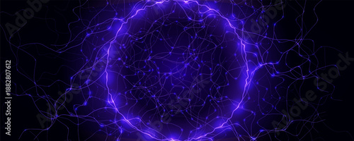 Energy Light Ring Neon Circle Net Web. Magic Portal Hole, Thunder Light Round Lightnin, Lightning Ball. Blue Purple Hole Light, Static Current Effect Background. Vector Illustration