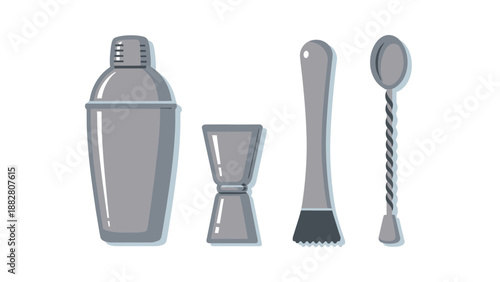 Barware Illustration, Cocktail Tools, Professional Bar Equipment, Vector Design on White Background