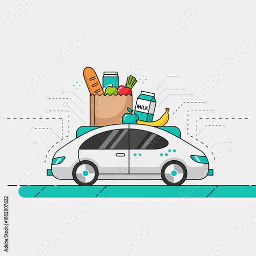 Autonomous Delivery Vehicle Transporting Groceries Representing Convenience, Efficiency and