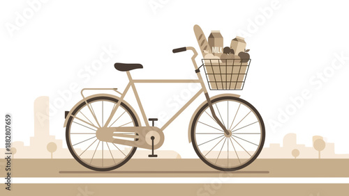 Bicycle With Basket Carrying Groceries Cycling Through The Peaceful City