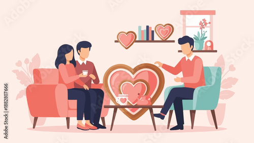Couple relaxing in armchairs with heart cookies and drinks