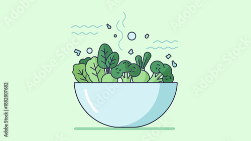 Bowl Of Fresh Vegetarian Salad With Broccoli And Green Leaf Vegetables