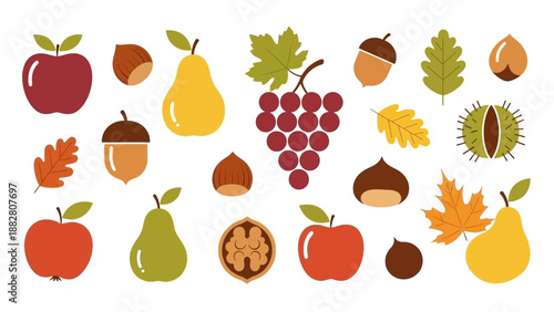 Autumnal Bounty Illustration: Apples, Pears, Grapes, and Various Seasonal Elements Depicted