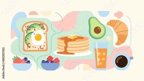 Breakfast Delight: A Colorful Array Of Delicious Foods And Refreshing Drinks, Ready To Eat
