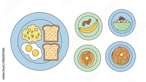 Breakfast Delight: A Colorful Array Of Delicious Foods With Eggs, Toast, Pancakes And More