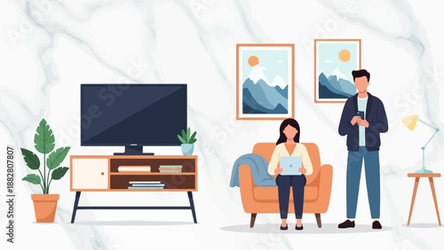 Couple relaxing in living room, one with laptop, other on phone, next to TV and art