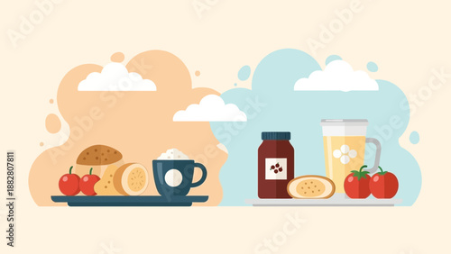 Breakfast Delight: A Colorful Flat Design Depicting Various Food Items and Beverages