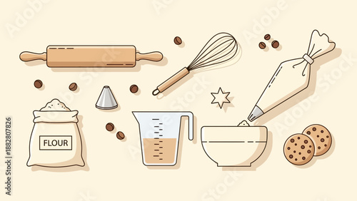 Baking Essentials: An Illustration Of Culinary Tools And Sweet Delights For Confectionery.