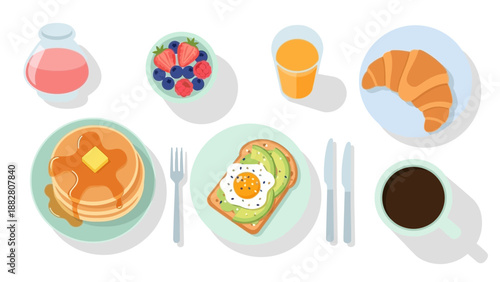 Breakfast Delight: A Colorful Illustration of Fresh Food and Beverages Arrangement