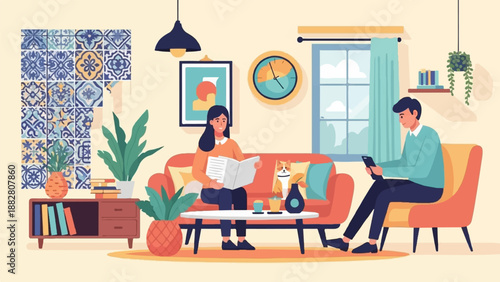 Couple relaxing indoors, reading and browsing on devices near a window