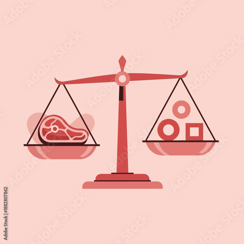 Balanced Diet Comparison: Meat Versus Geometric Shapes Depicted on a Precise Scale