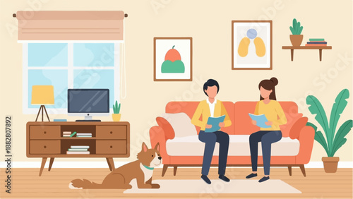 Cozy living room scene with people and dog reading