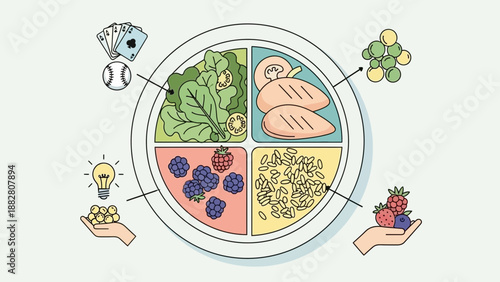 Balanced Lifestyle Diet Plate Concept Visualizing Different Life Sectors Such as Nutrition and
