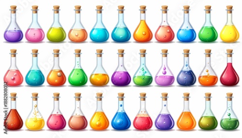 Collection of glass chemistry flasks and fantasy potion bottles filled with bright colorful liquids. Isolated 3D illustration for science experiments or gaming assets.

