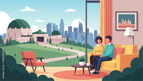 Couple relaxing indoors with a picturesque cityscape and park view