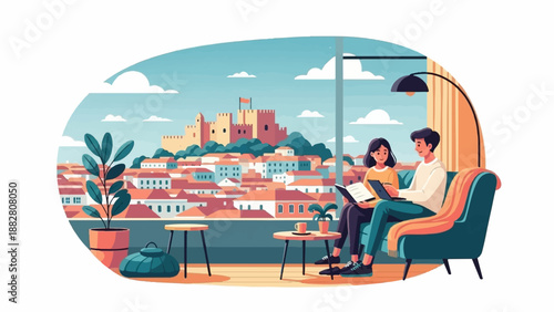 Couple relaxing indoors with a view of a historic European city