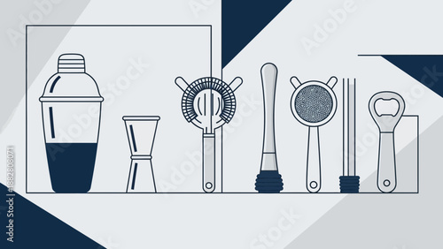 Bar Equipment And Cocktail Tools, Monochrome Illustration With Line Art, Clean And Clear Design