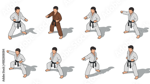 Isometric martial arts poses: karate practice with diverse white and brown uniforms