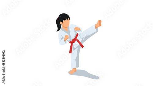 Karate girl in white gi with red belt performing side kick