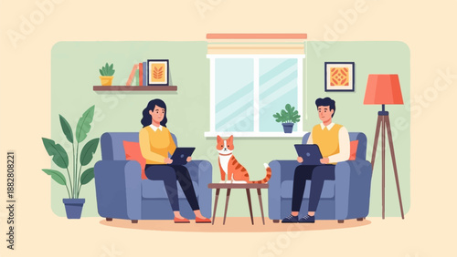 Couple relaxing on sofas with laptop and cat, home interior scene