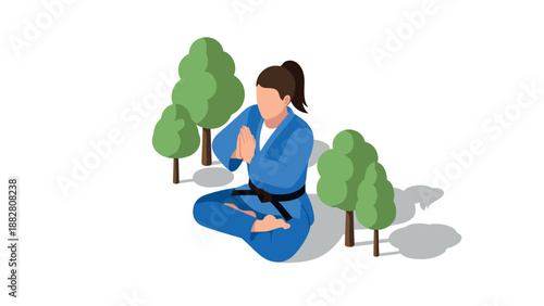 Isometric meditation scene with woman in blue practicing martial arts outdoors
