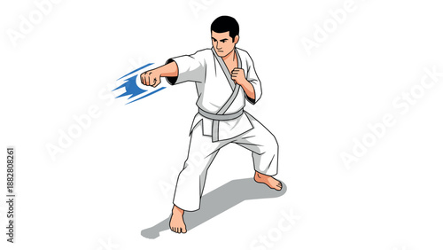 Martial artist in white gi throwing an energetic punch with blue trail