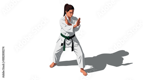 Karate woman practicing martial arts in traditional gi with green belt