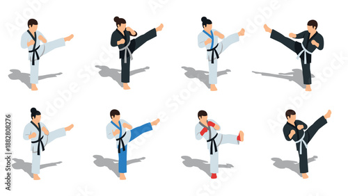 Isometric martial arts figures kicking and punching in karate uniforms