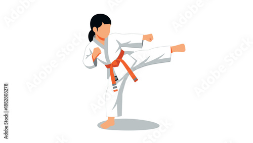 Karate martial artist in action with dynamic kick on white background