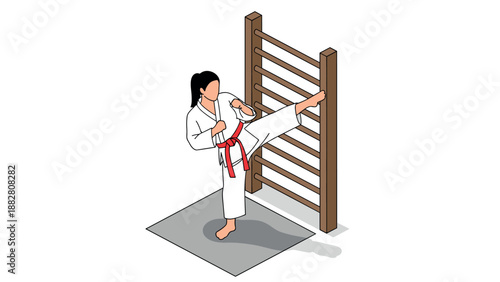 Martial artist in white gi practicing high kick on gym wall bars in isometric style
