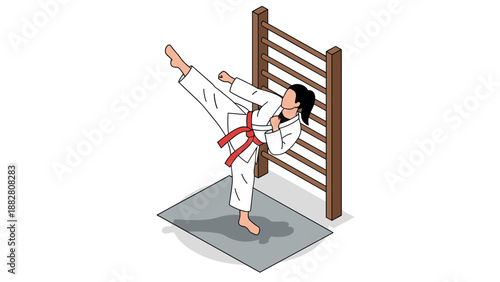 Isometric martial arts training pose with red belt high kick near gym bars