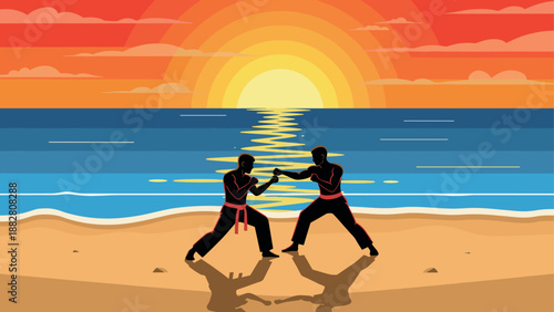 Martial arts duel on beach at sunset in vibrant silhouette style