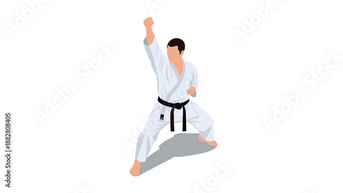 Karate practitioner in white gi performing punch pose