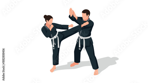 Martial arts training scene with two practitioners in combat pose