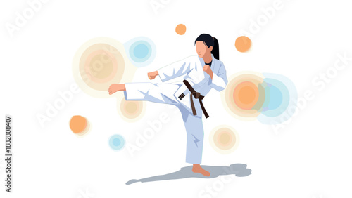 Karate enthusiast performing a high kick in dynamic motion with colored spots