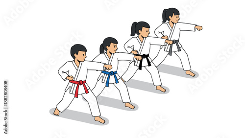 Isometric karate class: diverse belt levels and dynamic poses in martial arts training