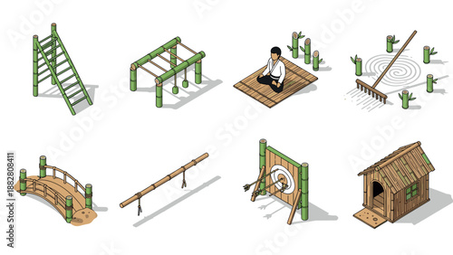 Japanese zen garden and outdoor training elements in detailed isometric style